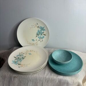 Aztec Melmac Dinnerware Plates and Bowl Turquoise Floral MCM Retro